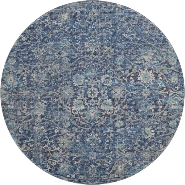 HomeRoots 8' Blue and Gray Floral Medallion Round Rug - Washable, Durable, UV Protected for Stylish Spaces 644219