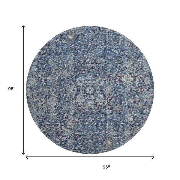 HomeRoots 8' Blue and Gray Floral Medallion Round Rug - Washable, Durable, UV Protected for Stylish Spaces 644219