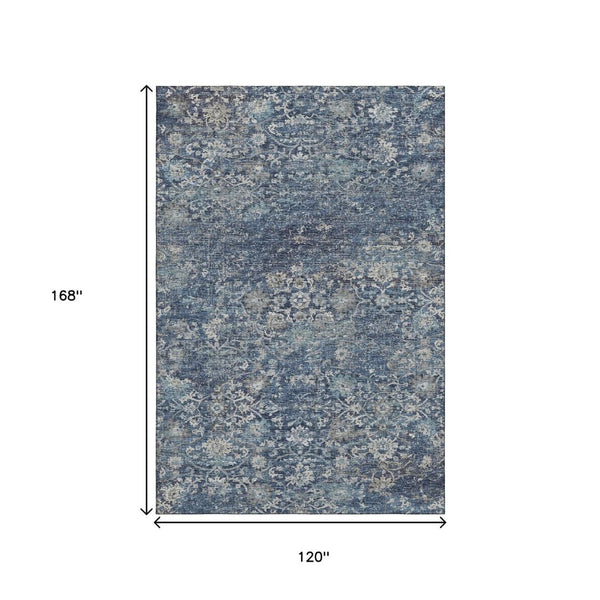 HomeRoots 10' X 14' Blue and Gray Floral Medallion Washable Area Rug – Stain Resistant, UV Protected Elegance 644222