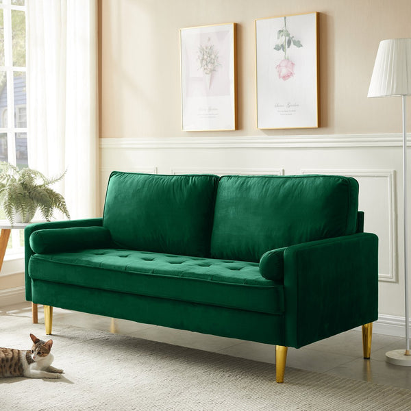 English Elm 65-inch minimalist velvet loveseat with gold metal legs, thick cushions, solid pine frame, 800lb capacity Green W2795P247595