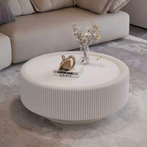 English Elm Black Round Fluted Pu Leather Coffee Table Tempered Glass Top Hidden Storage Modern Cream White W3081P428979