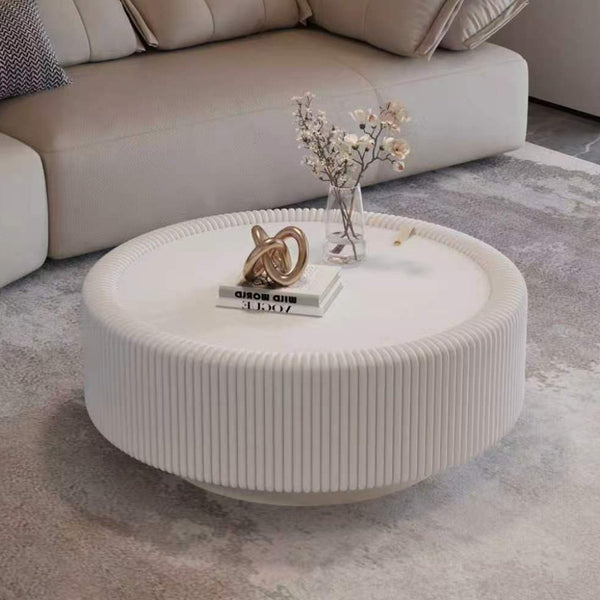 English Elm Black Round Fluted Pu Leather Coffee Table Tempered Glass Top Hidden Storage Modern Cream White W3081P428979