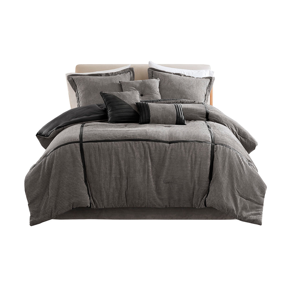 JLA Home Madison Park - 7 Micro Corduroy Comforter Set with Brushed Reverse, Taped Seams & Tailored Shams for Year-Round Cozy Style Grey MP10-8472