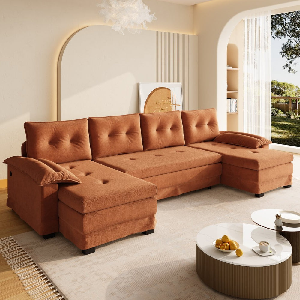 English Elm 109.5" Oversized U-shaped Sectional Sleeper Chenille Modular Sofa with Usb Ports Orange W1885S00440
