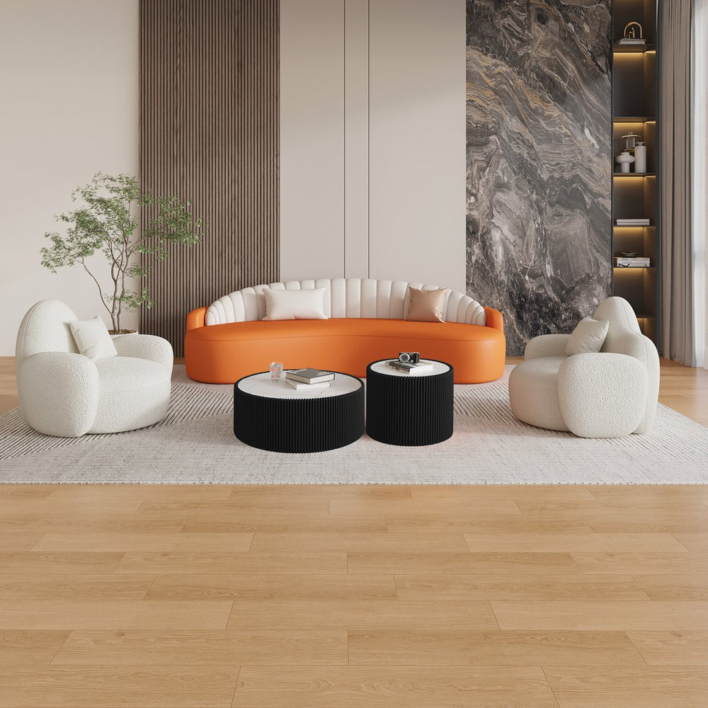 English Elm Light Marble Top Cylinder End Table - Modern Leather-Wrapped Accent For Living Room & Bedroom Use W3081P367623