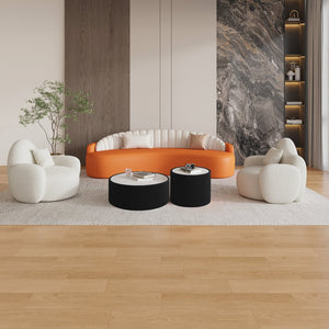 English Elm Light Marble Top Cylinder End Table - Modern Leather-Wrapped Accent For Living Room & Bedroom Use W3081P367623