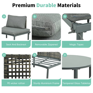 English Elm TOPMAX 8-Piece Patio Sofa Set with Modular Half-Moon Sectionals, Tempered Glass Tables, Cushioned Komfort Gray SP100029AAE