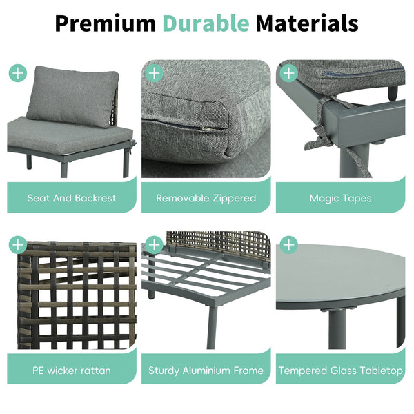 English Elm TOPMAX 8-Piece Patio Sofa Set with Modular Half-Moon Sectionals, Tempered Glass Tables, Cushioned Komfort Gray SP100029AAE