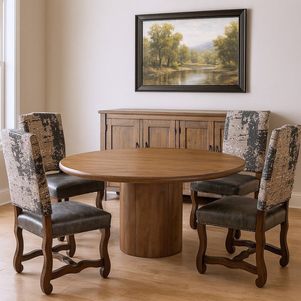 HomeRoots Five-Piece Brown Round Solid Wood Dining Set with Four Comfortable Chairs for Stylish Gatherings 644501
