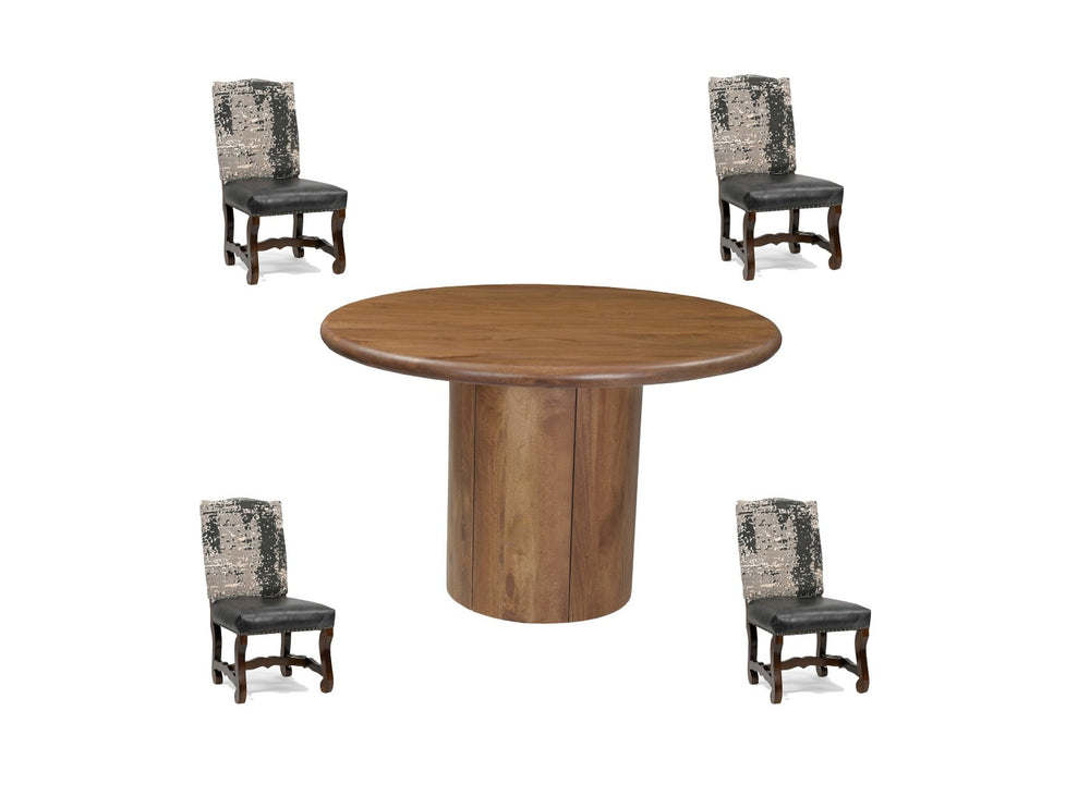 HomeRoots Five-Piece Brown Round Solid Wood Dining Set with Four Comfortable Chairs for Stylish Gatherings 644501