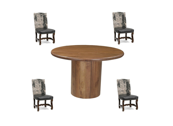HomeRoots Five-Piece Brown Round Solid Wood Dining Set with Four Comfortable Chairs for Stylish Gatherings 644501
