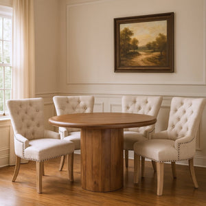 HomeRoots Five-Piece Brown Round Solid Wood Dining Set with Four Elegant Chairs for Timeless Dining Spaces 644502