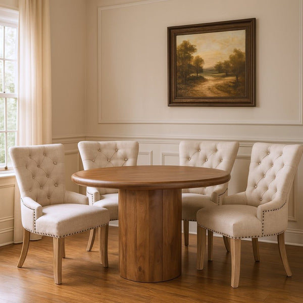 HomeRoots Five-Piece Brown Round Solid Wood Dining Set with Four Elegant Chairs for Timeless Dining Spaces 644502