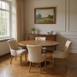 HomeRoots Five-Piece Brown Round Solid Wood Dining Set with Four Elegant Chairs for Timeless Dining Spaces 644502
