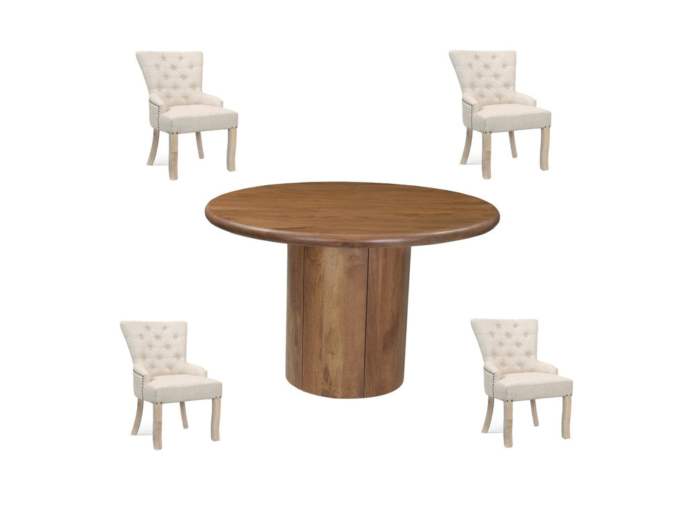 HomeRoots Five-Piece Brown Round Solid Wood Dining Set with Four Elegant Chairs for Timeless Dining Spaces 644502
