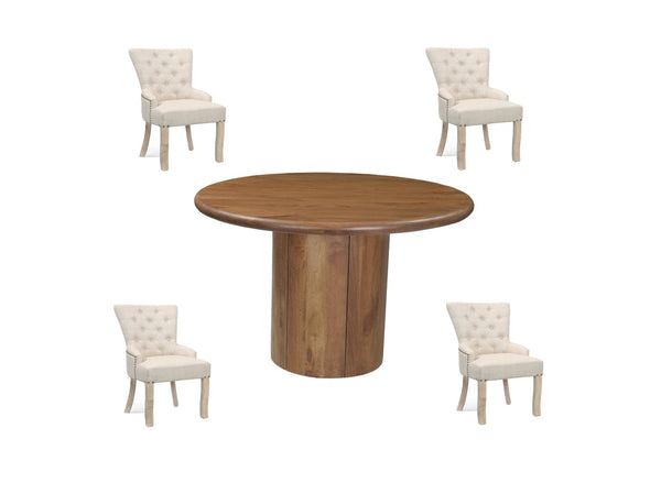 HomeRoots Five-Piece Brown Round Solid Wood Dining Set with Four Elegant Chairs for Timeless Dining Spaces 644502