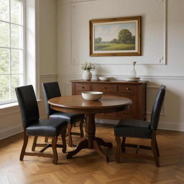 HomeRoots Five-Piece Solid Wood Dining Set: Stylish Round Table with 4 Upholstered Chairs for Any Home 644503