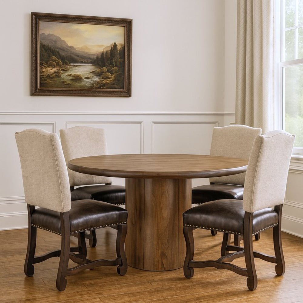 HomeRoots Five-Piece Brown Round Solid Wood Dining Set with 4 Linen-Upholstered Chairs for Cozy Meals 644504