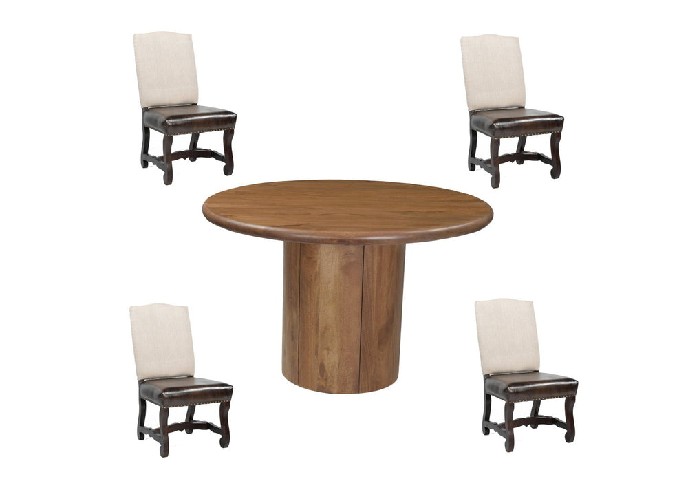 HomeRoots Five-Piece Brown Round Solid Wood Dining Set with 4 Linen-Upholstered Chairs for Cozy Meals 644504