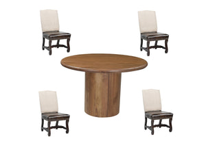 HomeRoots Five-Piece Brown Round Solid Wood Dining Set with 4 Linen-Upholstered Chairs for Cozy Meals 644504