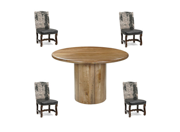 HomeRoots Five-Piece Brown Solid Wood Dining Set with Round Table & Four Upholstered Chairs for Comfort 644505