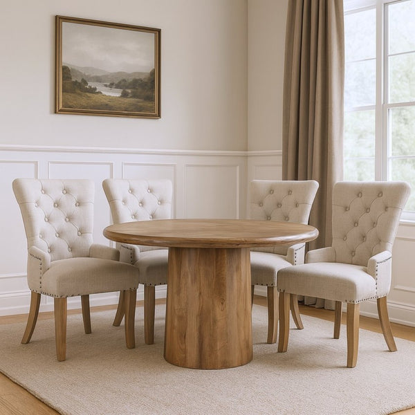 HomeRoots Five-Piece Brown Round Solid Wood Dining Set with Upholstered Chairs for Stylish Gatherings 644506
