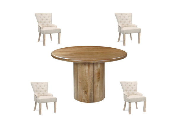 HomeRoots Five-Piece Brown Round Solid Wood Dining Set with Upholstered Chairs for Stylish Gatherings 644506