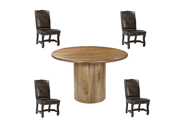 HomeRoots Five-Piece Brown Round Solid Wood Dining Set: Comfort, Durability & Timeless Style for Any Occasion 644507