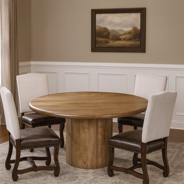 HomeRoots Five-Piece Brown Round Solid Wood Dining Set with Four Upholstered Chairs for Stylish Gatherings 644508