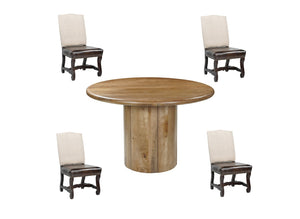 HomeRoots Five-Piece Brown Round Solid Wood Dining Set with Four Upholstered Chairs for Stylish Gatherings 644508