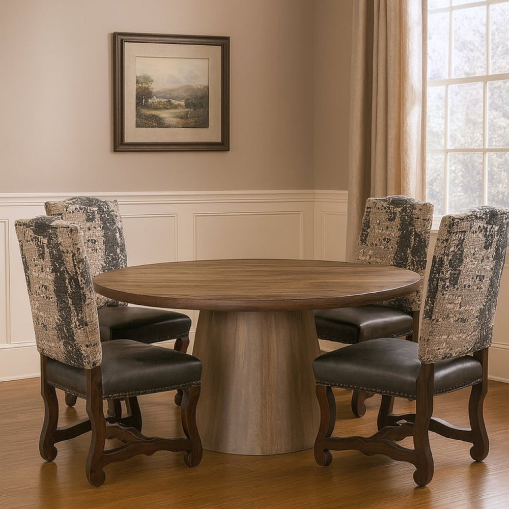 HomeRoots Five Piece Brown Round Solid Wood Dining Set with Upholstered Chairs for Cozy Family Gatherings 644509