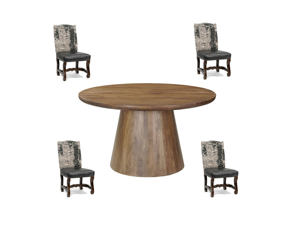 HomeRoots Five Piece Brown Round Solid Wood Dining Set with Upholstered Chairs for Cozy Family Gatherings 644509