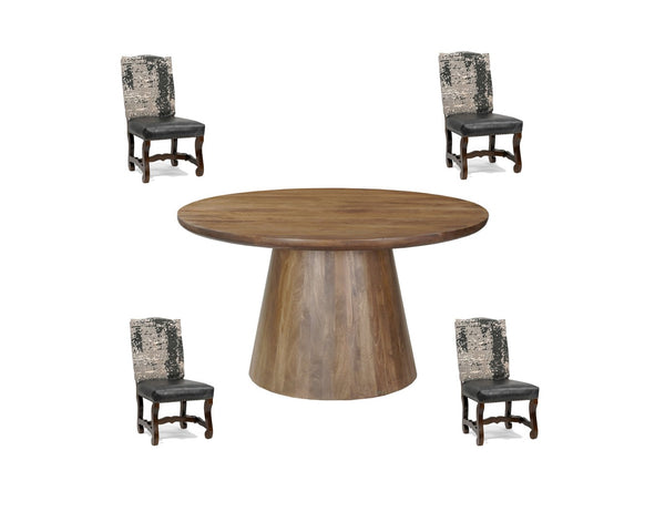 HomeRoots Five Piece Brown Round Solid Wood Dining Set with Upholstered Chairs for Cozy Family Gatherings 644509