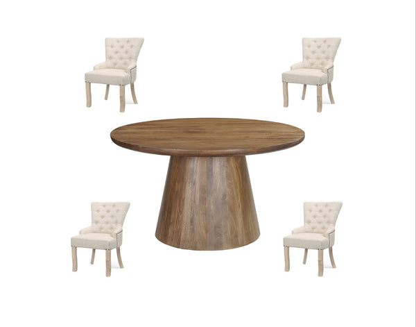 HomeRoots Five-Piece Brown Round Solid Wood Dining Set with Four Chairs for Timeless Style and Comfort 644510