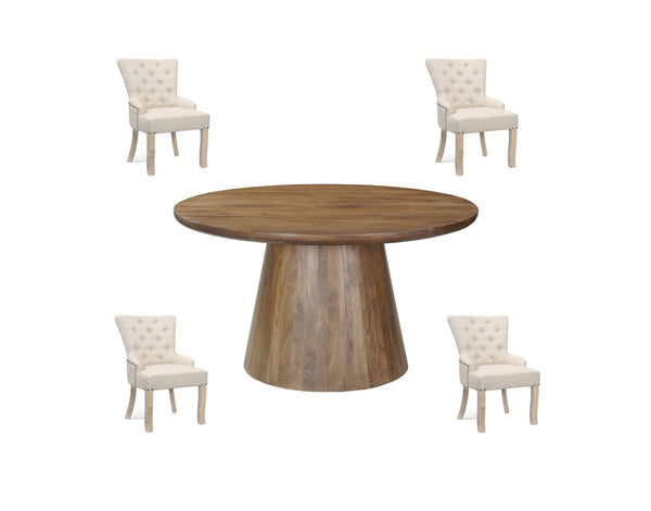 HomeRoots Five-Piece Brown Round Solid Wood Dining Set with Four Chairs for Timeless Style and Comfort 644510
