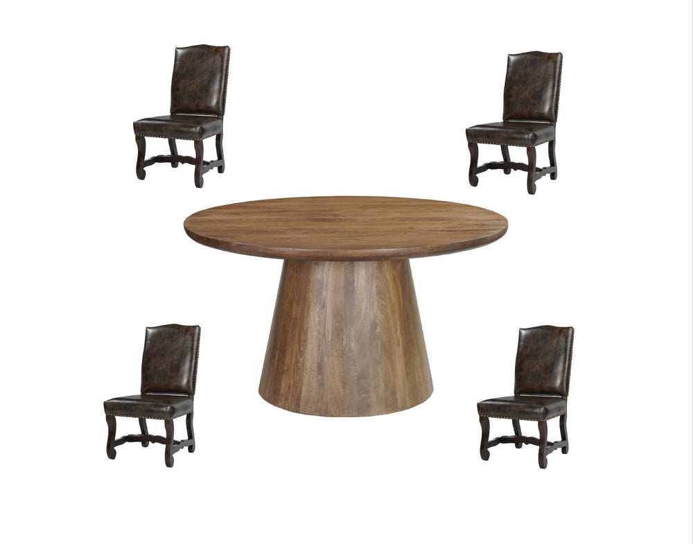 HomeRoots Five Piece Brown Round Solid Wood Dining Set - Elegant Table & Chairs for Family Gatherings 644511