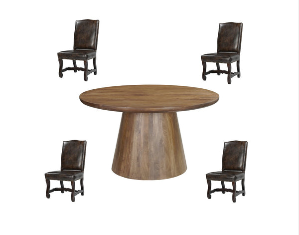 HomeRoots Five Piece Brown Round Solid Wood Dining Set - Elegant Table & Chairs for Family Gatherings 644511