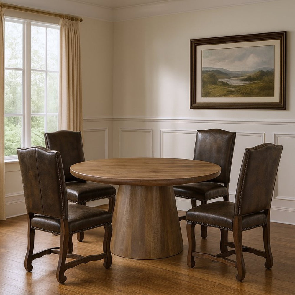 HomeRoots Five Piece Brown Round Solid Wood Dining Set - Elegant Table & Chairs for Family Gatherings 644511