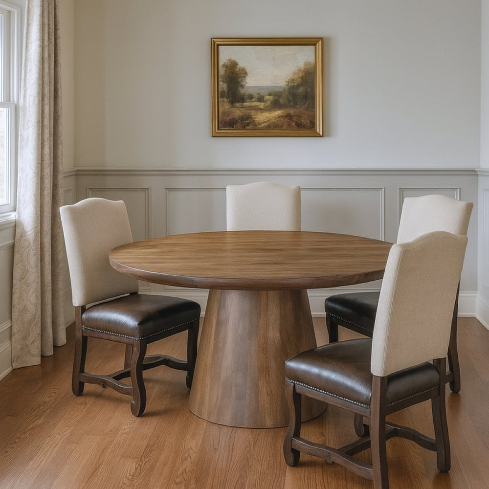 HomeRoots Five Piece Brown Round Solid Wood Dining Set - Timeless Design with 4 Comfortable Chairs for Family Gatherings 644512