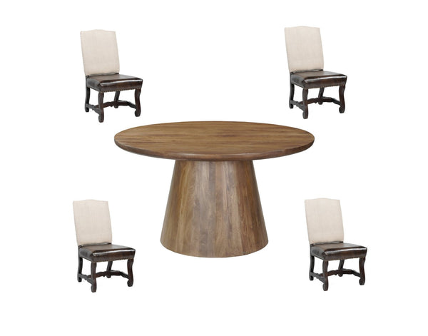 HomeRoots Five Piece Brown Round Solid Wood Dining Set - Timeless Design with 4 Comfortable Chairs for Family Gatherings 644512