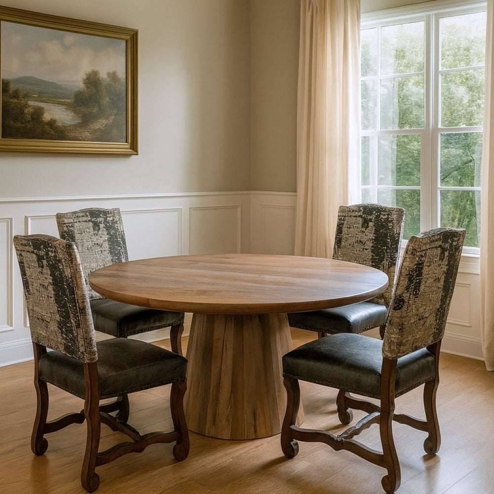HomeRoots Five Piece Brown Round Solid Wood Dining Set with Upholstered Chairs for Cozy Gatherings 644513