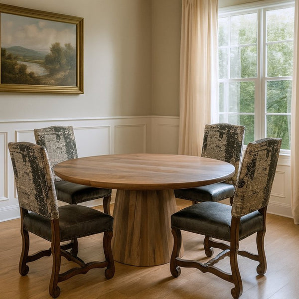 HomeRoots Five Piece Brown Round Solid Wood Dining Set with Upholstered Chairs for Cozy Gatherings 644513