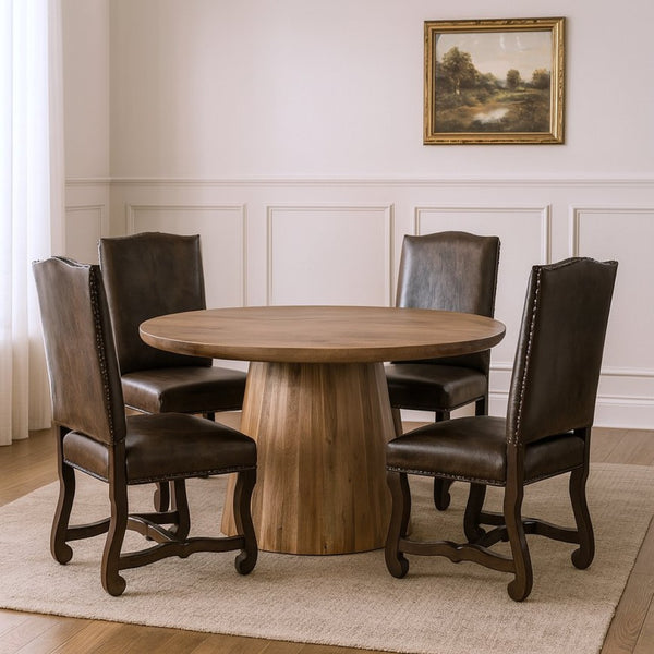 HomeRoots Five-Piece Brown Solid Wood Dining Set with Round Table & Four Elegant Chairs for Cozy Gatherings 644515