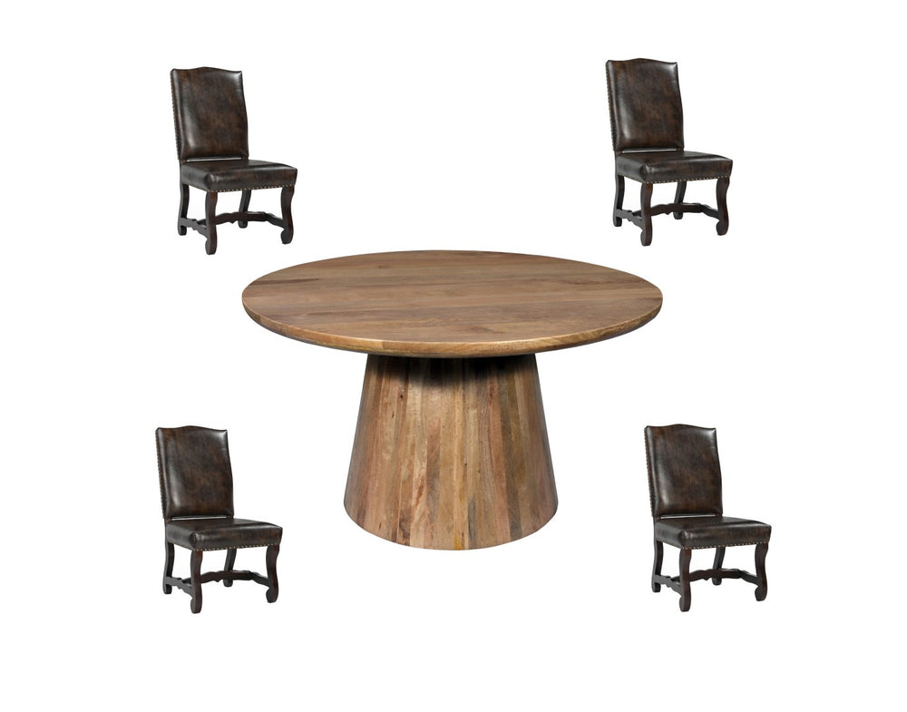 HomeRoots Five-Piece Brown Solid Wood Dining Set with Round Table & Four Elegant Chairs for Cozy Gatherings 644515