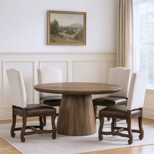 HomeRoots Five-Piece Brown Round Solid Wood Dining Set with Upholstered Chairs for Stylish Gatherings 644516