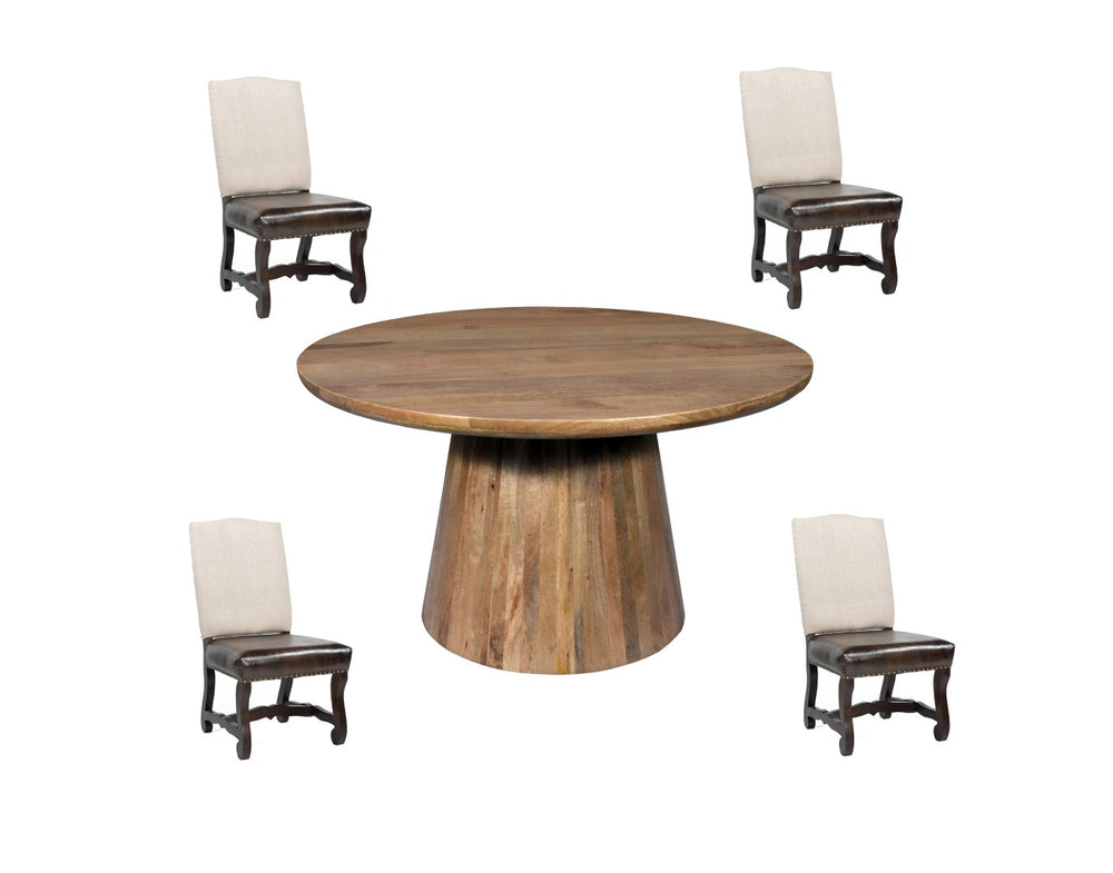 HomeRoots Five-Piece Brown Round Solid Wood Dining Set with Upholstered Chairs for Stylish Gatherings 644516
