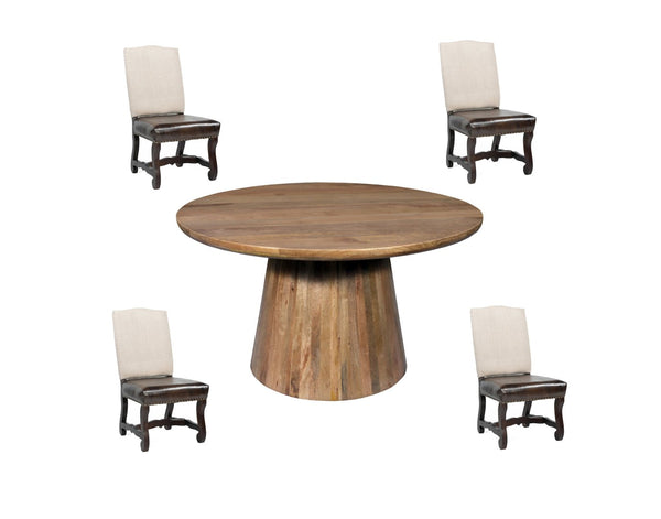 HomeRoots Five-Piece Brown Round Solid Wood Dining Set with Upholstered Chairs for Stylish Gatherings 644516
