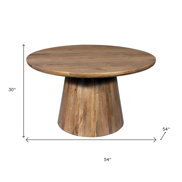 HomeRoots 54" Solid Mango Wood Round Pedestal Dining Table - Elegant Centerpiece for 6, Natural Finish 644520