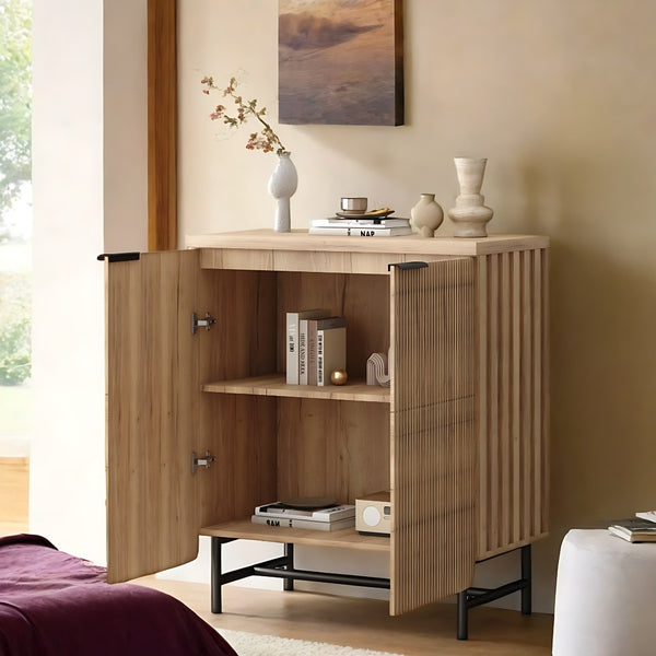 HomeRoots 35" Oak Textured Accent Cabinet - Rustic Two-Door Storage for Modern Living & Display Solutions 644523