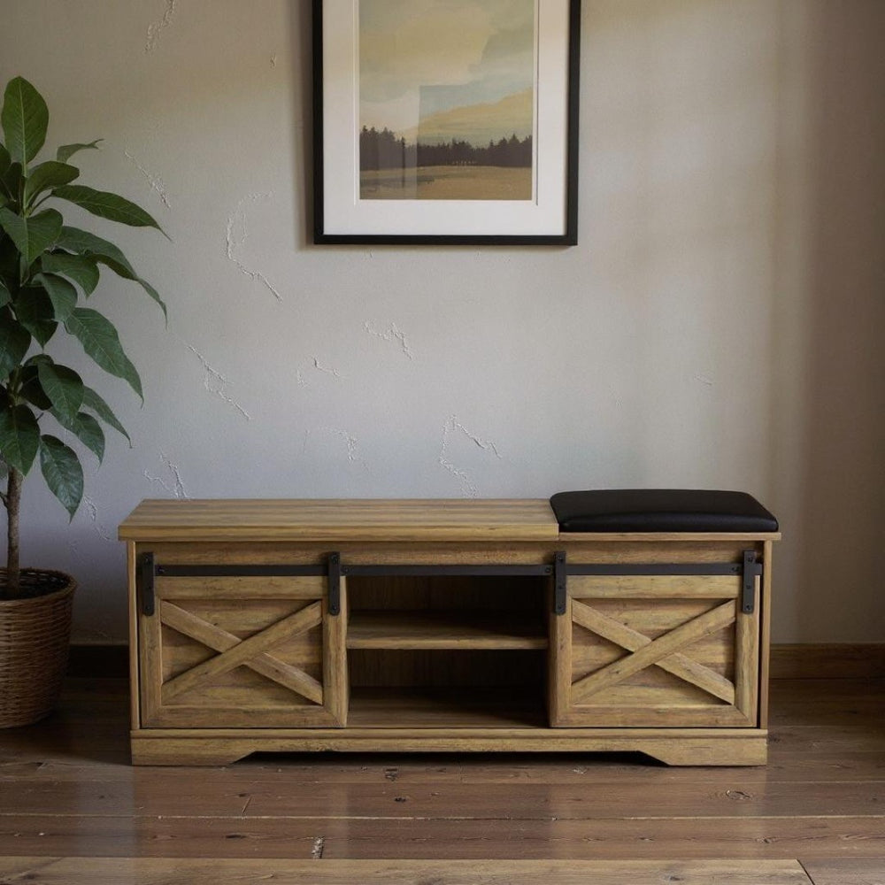HomeRoots 47" Stylish Black and Natural Faux Leather Bench with Rustic Storage Shelves for Entryway Decor 644524